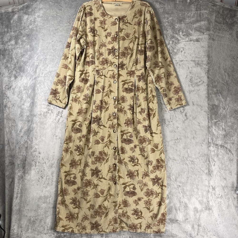 Vtg Eddie Bauer Dress Womens L Tall Tan Brown Floral Corduroy Maxi Cottage 90s